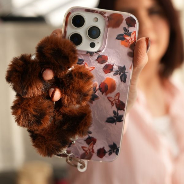 قاب موبایل آیفون دم روباهی پروانه گل سرخ + بندست پشمی