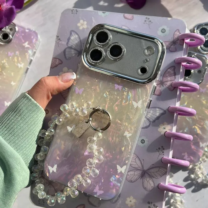 قاب گوشی آیفون هلوگرامی پروانه ای همراه با آویز Butterfly Brush