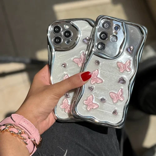 قاب گوشی کرومی پروانه و قلب صورتی(کدC1825)