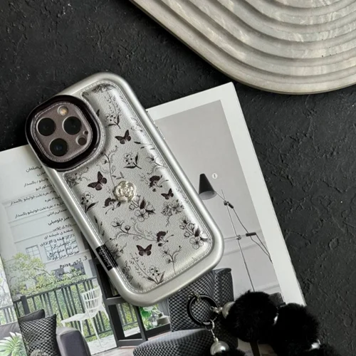 قاب موبایل آیفون پروانه و گل ریز نقره ای
