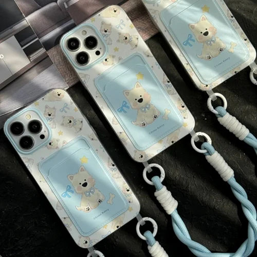 قاب موبایل آیفون سگ پاپی آبی بندست جاکارتی دار