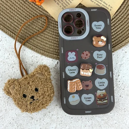 قاب گوشی آیفون عروسک برجسته با آویز تدی و محافظ لنز