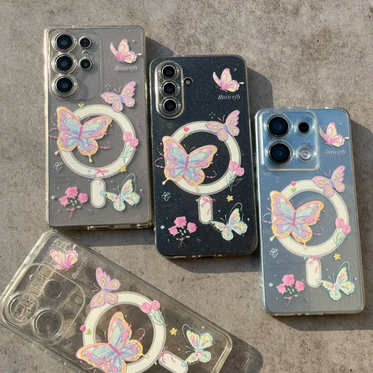 قاب گوشی سامسونگ  ژله ای طرح مگسیف  pink butterfly