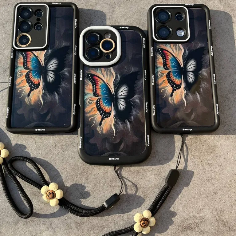 قاب سولید یووی پروانه در آتش همراه با آویز(آیفون،سامسونگ،شیائومی)